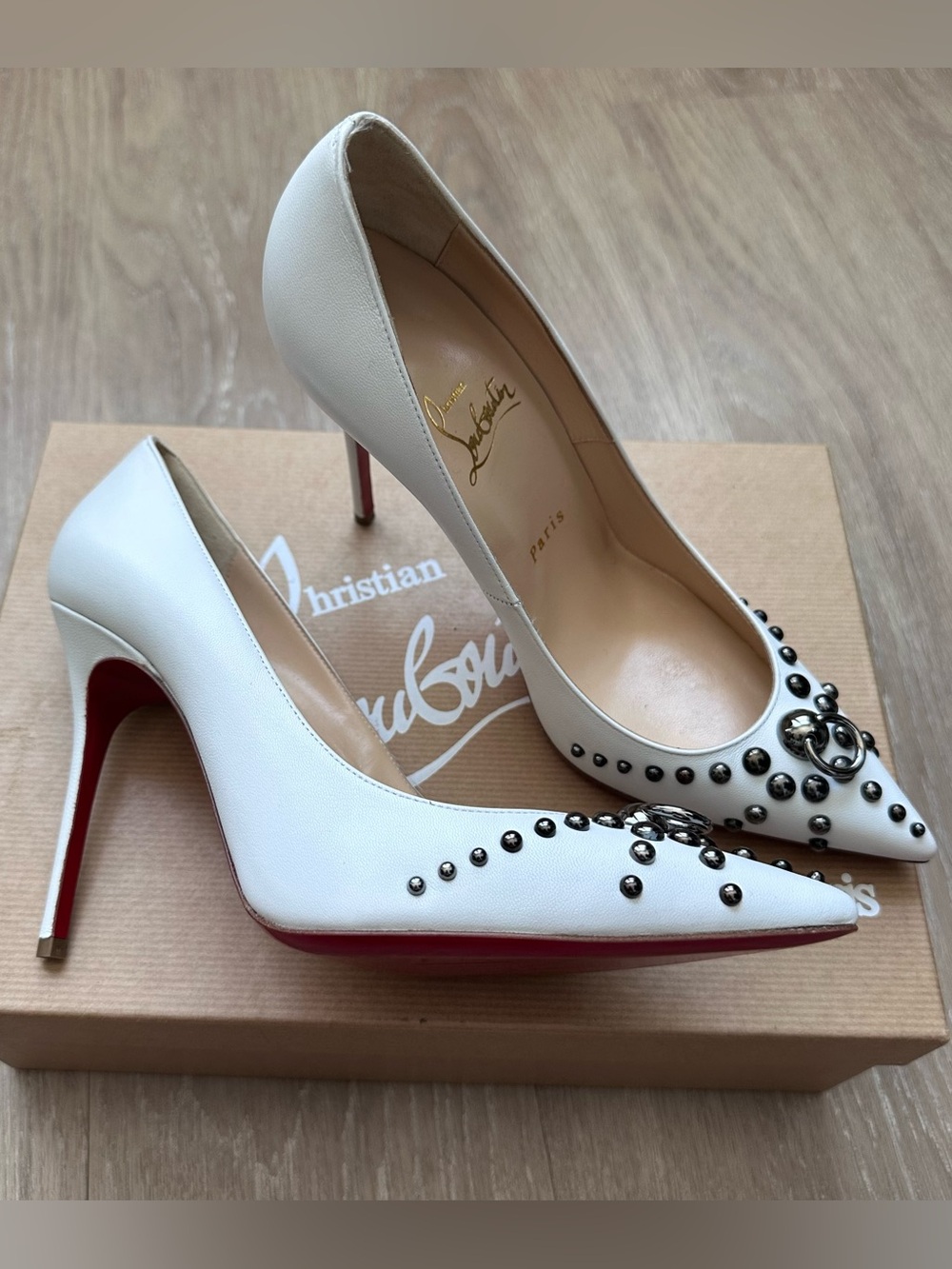 NWT Christian Louboutin Door Knock 100 Kid White Gunmetal Size 37